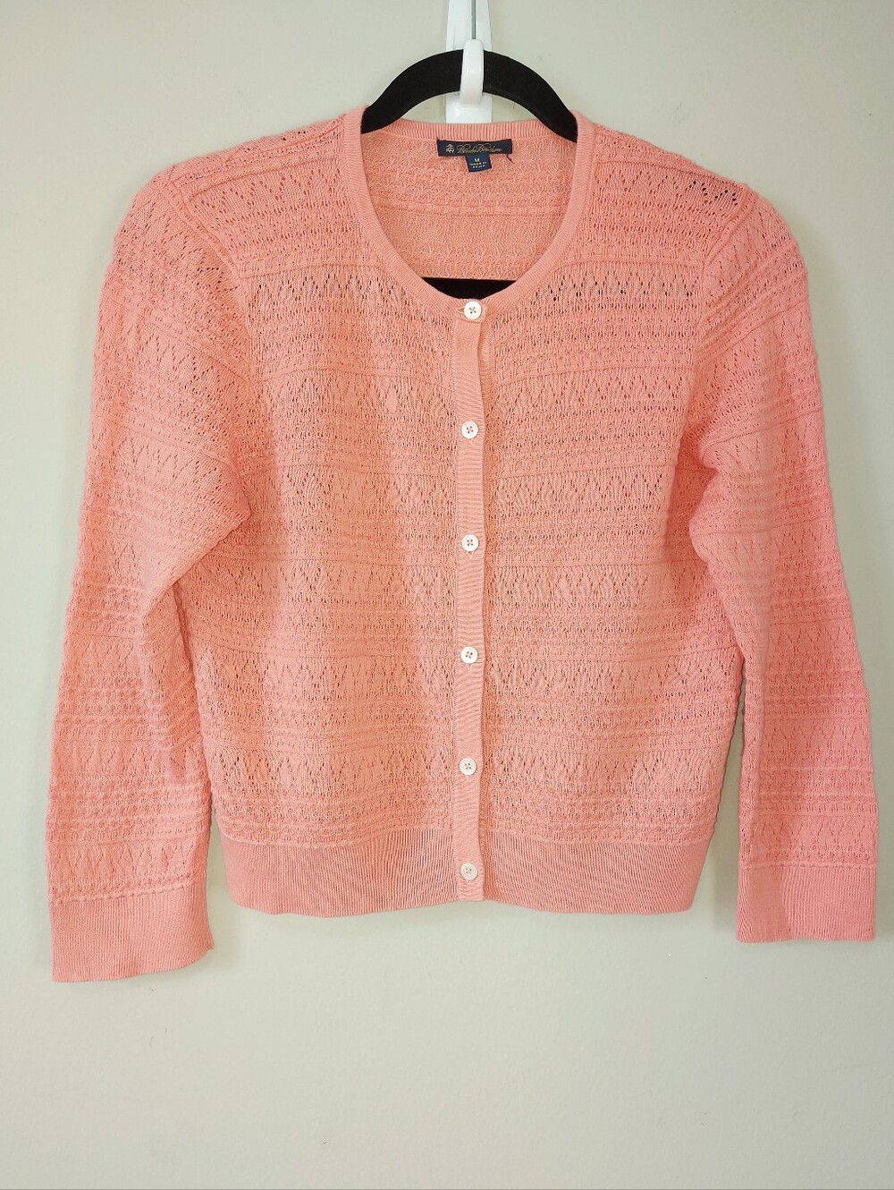 Brooks Brothers Women Preppy Peach Button Pointelle Open-Knit Cardigan Medium